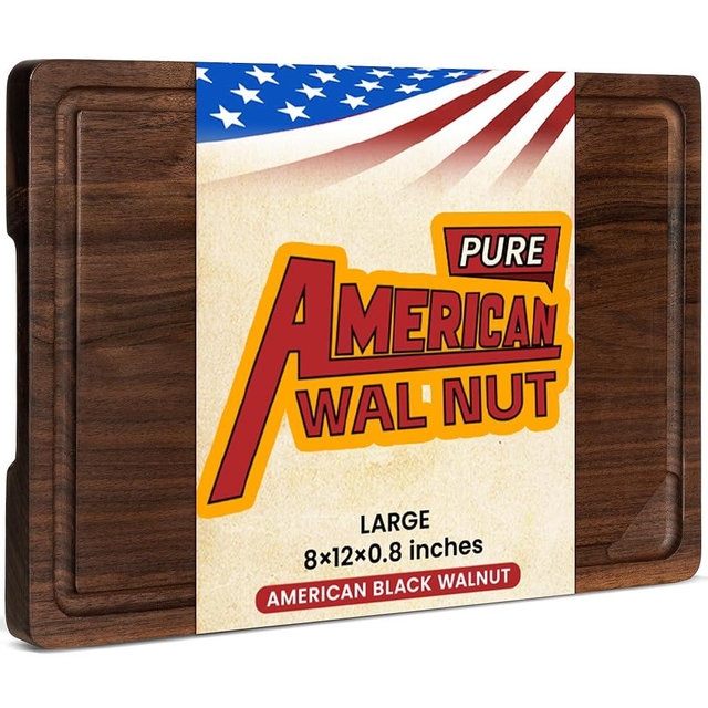 American Walnut Cutting Board, 12" x 8" Wooden Cutting Boards for Kitchen Reversible Wooden Chopping Board With Juice Grooves and Handles Pre-Oiled, Ideal Gift for Valentine's Day, Weeding