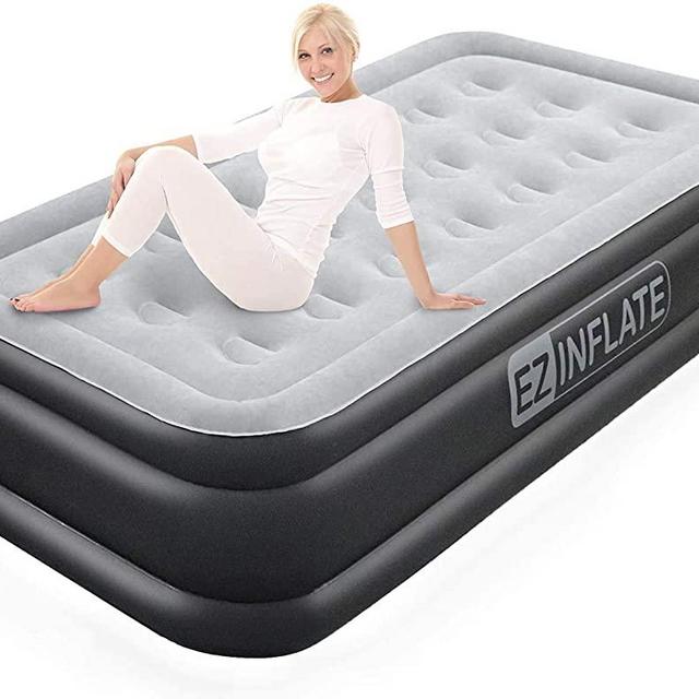 EZ INFLATE Double High Luxury Twin Air Mattress with Built in Pump, Inflatable Mattress, Twin airbed with Flocked top, All Purpose Twin Blow up Bed, Home Camping Travel