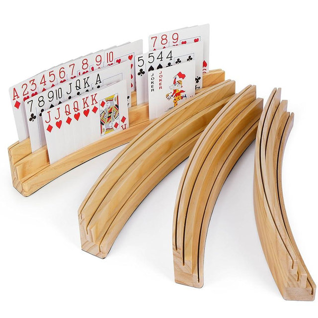 LotFancy Playing Card Holders for Kids Adults Seniors, Set of 4, 3-Tier Curved Wooden Card Holder for Family Card Game Night, Canasta, Bridge, Poker Parties, Hands Free
