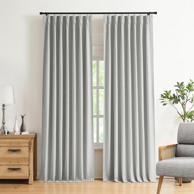 Vision Home Light Gray Pinch Pleated Full Blackout Curtains Linen Blended Room Darkening Curtain Panels 102 inch for Living Room Bedroom Thermal Insulated Pinch Pleat Drapes with Hooks 40" Wx102 Lx2