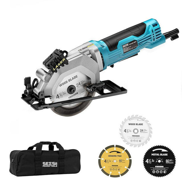 Seesii Mini Circular Saw with Laser Guide,4.8A 4000 RPM Compact Corded Circular Saw with Rip Guide,3 Blades (4-1/2") for Wood,Soft Metal,Tile,Plastic Cutting,Max Cut Depth 1-11/16"(90°),1-1/8" (45°)