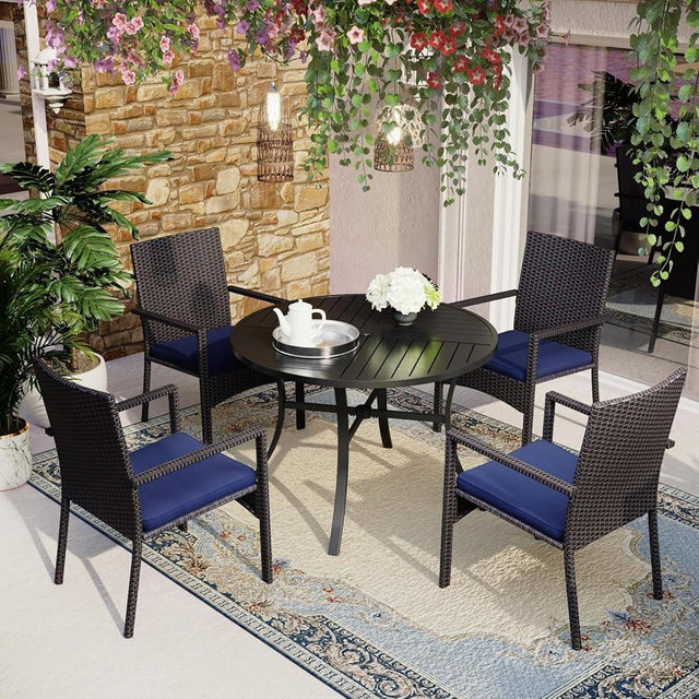 MFSTUDIO 5 Piece Patio Round Dining Set, 42" Round Table with Umbrella Hole & Wicker Chairs, Small Outdoor Dining Table and Chairs for 4, Patio Metal Table Dining Furniture, Porch, Deck, Yard