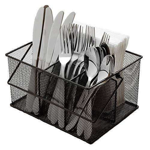 Ashman Silverware Caddy - Flatware, Cutlery, and Utensil Organizer with Napkin Holder & Condiments for Kitchen, Dining, Outdoors, Picnics and Parties - (Black Steel Mesh)
