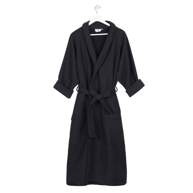 Waffle Weave Cotton Soft Plush Adult Unisex Lightweight Bathrobe, Large, Black - Blue Nile Mills