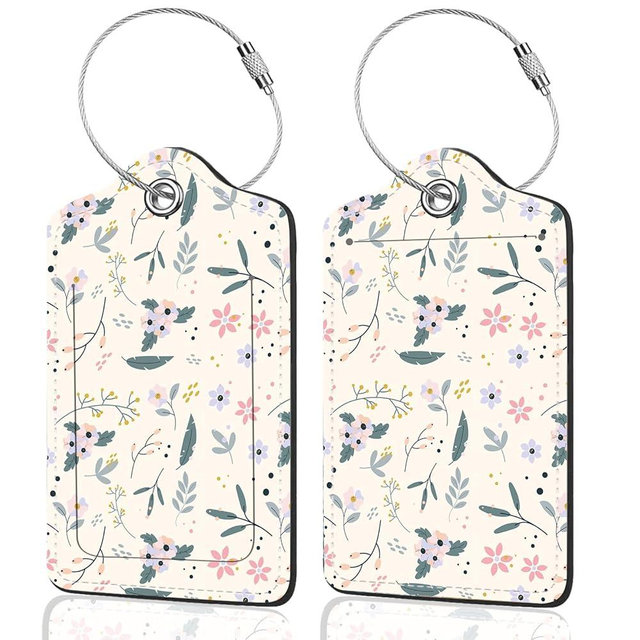 2Pack Luggage Tags for Suitcases, Cute Unique Pu Leather Cruise Luggage Tag with Privacy Cover ID Label Address Card and Metal Ring Suitable for Women Men Kids Travel Bag Beige Pink Crushed
