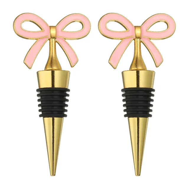 Unique Bargains Reusable Leak-proof Bar Holiday Party Decor Bow Wine Stopper 2 Pcs Gold-Pink