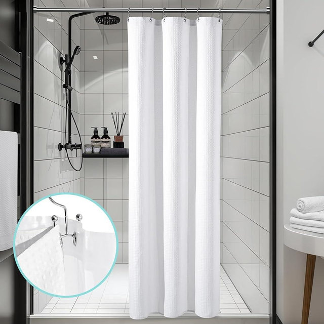 Vipfree 3 in 1 Shower Curtain Set, Waffle Shower Curtain and Liner Set with 6 Double Sided Shower Curtain Hooks, 258GSM Luxury Weighted Cloth Shower Curtains for Bathroom, 36 W x 72 H, White