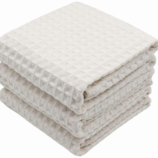 VeraSong Waffle Weave Kitchen Towels Thick Microfiber Dish Drying Towels Absorbent Tea Towels Hand Towel Lint Free 16Inch x 24Inch 3 Pack Beige
