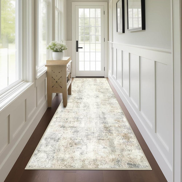 Capslpad 2x8 Modern Abstract Washable Runner Rug, Light Beige Non-Slip Runners for Hallways, Low Pile Kitchen Runner Rug, Ultra Soft Print Distressed Faux Wool Rug for Entryway, Bedroom, Laundry