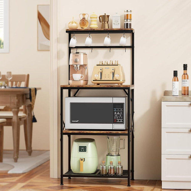 Korfile Kitchen Bakers Rack with Storage Shelves, Small Coffee Bar Table with 8 Hooks, 4 Tiers Microwave Stand Station with Adjustable Shelves, Freestanding Kitchen Appliance Organizer, Rustic Brown