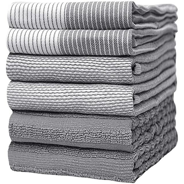 Premium Kitchen Towels (20”x 28”, 6 Pack) – Large Cotton Kitchen Hand Towels – Flat & Terry Towel – Highly Absorbent Tea Towels Set with Hanging Loop – Grey