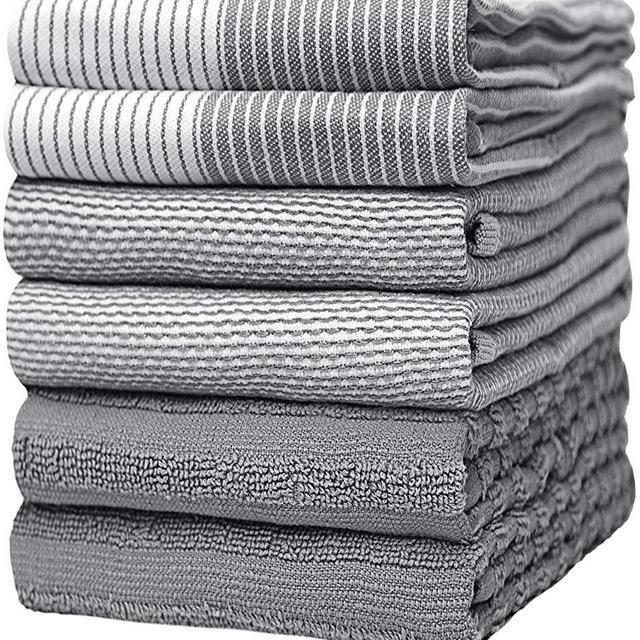 Premium Kitchen Towels (20”x 28”, 6 Pack) – Large Cotton Kitchen Hand Towels – Flat & Terry Towel – Highly Absorbent Tea Towels Set with Hanging Loop – Grey