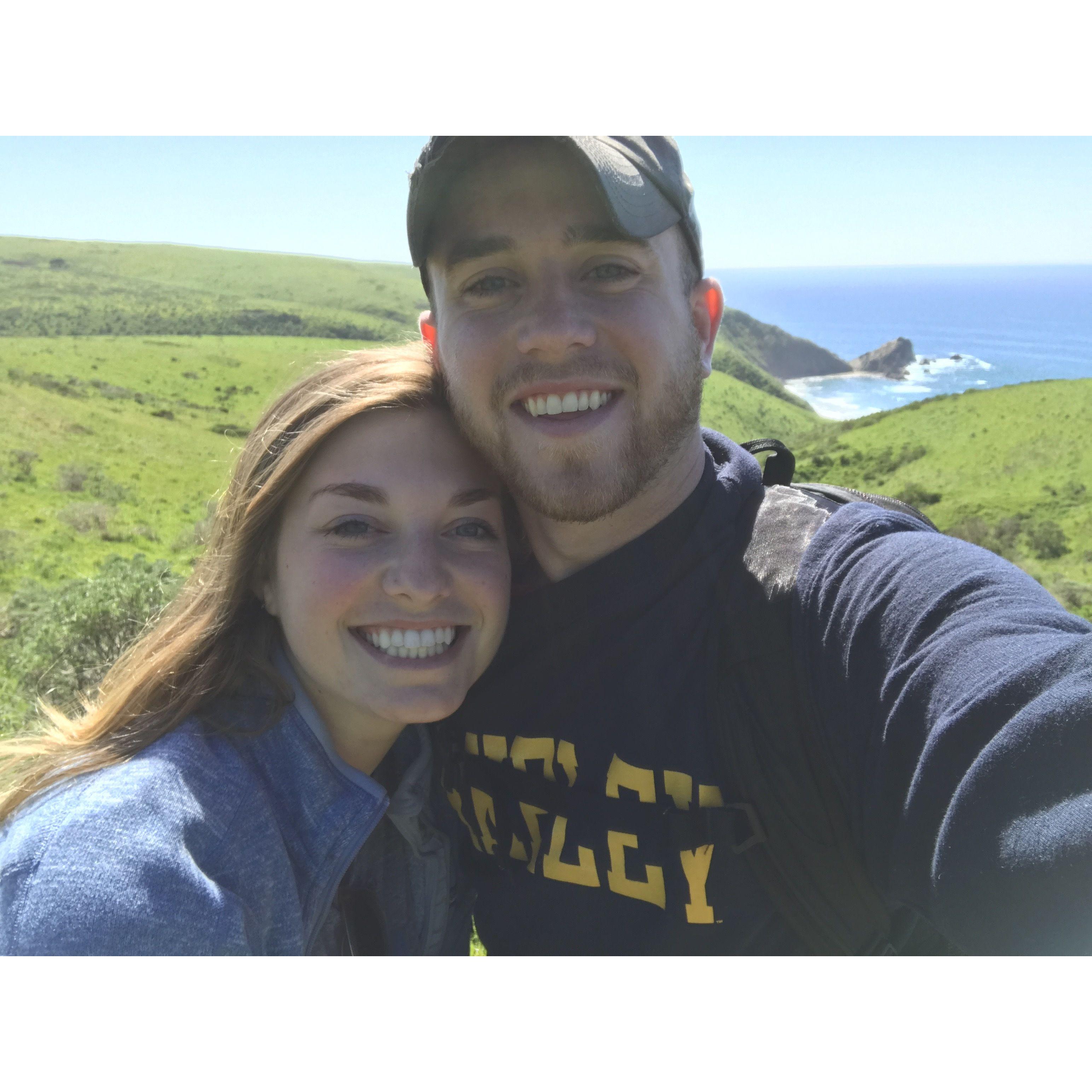 At Point Reyes National Seashore on our first trip to California together in 2017, in same spot Christian proposed in 2025.