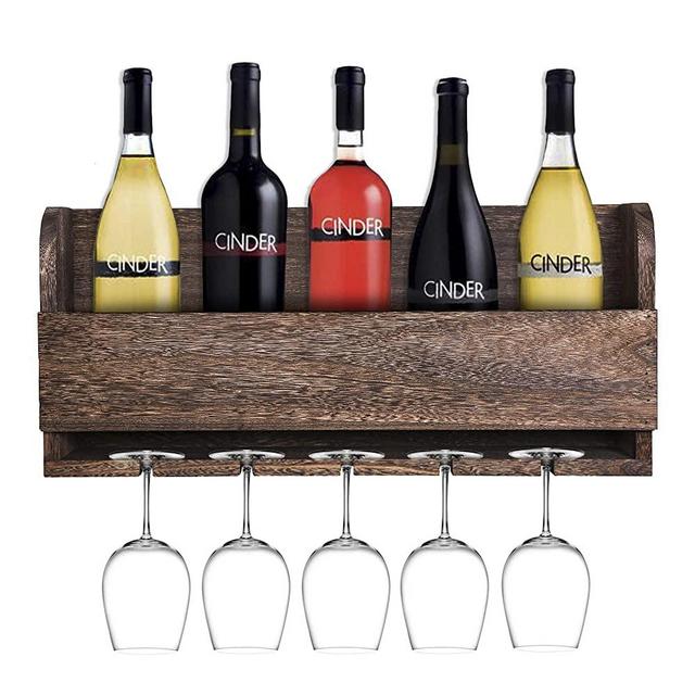 MITIME Floating Wine Shelf and Glass Rack Set Wall Mounted Paulownia Wood Wine Rack 5 Bottle 5 Long Stem Glass Holder