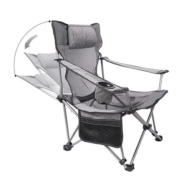 Phiroop Folding Camping Chair Adjustable Lounge Recliner Portable Oversized Steel Frame Collapsible Lawn Outdoor Chair with Cup Holder & Pillow (Dark Gray)
