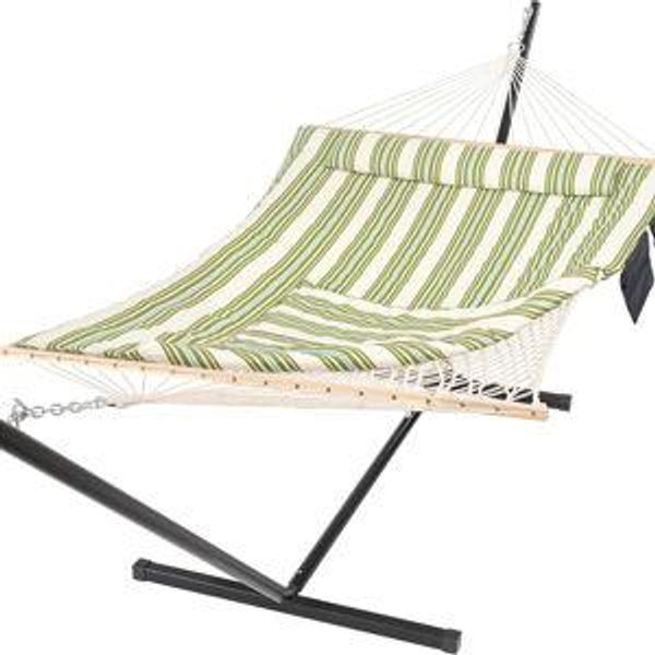 SUNCREAT Cotton Rope Hammock for Two People with Hardwood Spreader Bars, Quilted Fabric Pad & Detachable Pillow, Extra Large Hammock with 12 FT Steel Stand, Ipad Bag & Cup Holder, Green&Beige