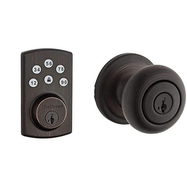 Kwikset 99070-103 Powerbolt 2 Door Lock Single Cylinder Electronic Keyless Entry Deadbolt in Venetian Bronze & Juno Entry Knob Featuring SmartKey in Venetian Bronze - 97402-737