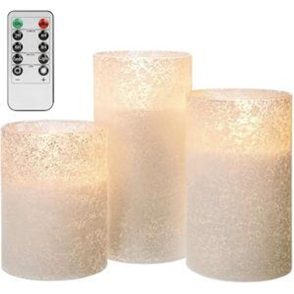 Glass Flameless Candles with Remote, Sandblasted Glass LED Candles, Battery Operated Flickering Candles with Timer, Real Wax Pillar Candles for Holiday Home Decorations(White,Set of 3)