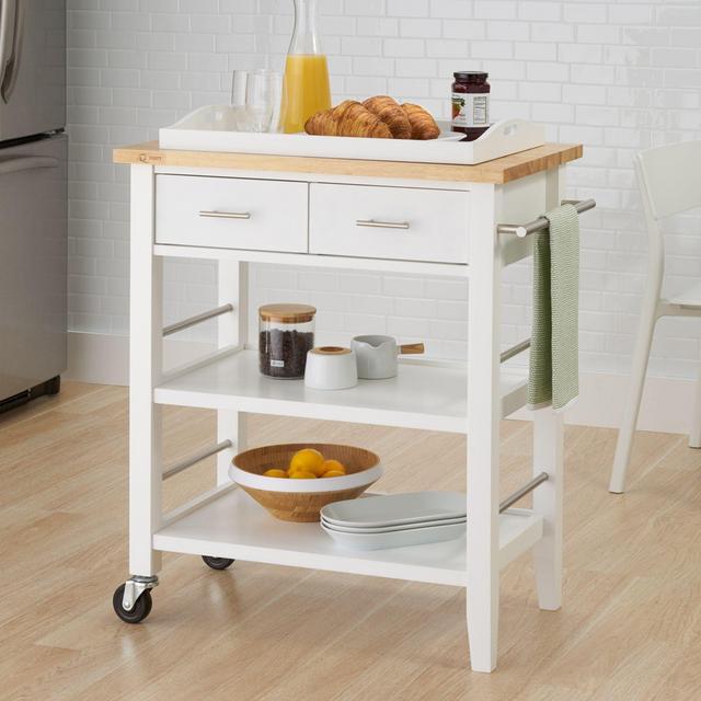 Trinity Wood Kitchen Cart with Drawers and Tray in White
