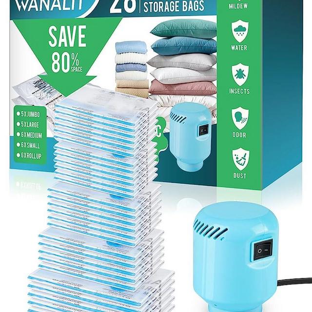 Vacuum Storage Bags with Electric Pump, 28 Pack (5 Jumbo, 5 Large, 6 Medium, 6 Small, 6 Roll Up Bags) Space Saver Bag, Vacuum Sealer Bags for Clothes, Blanket, Duvets, Pillows, Comforters, Travel