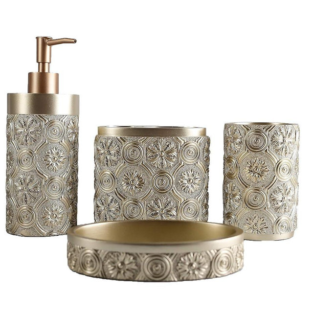 Hymmah Bathroom Accessories Set,Golden Design Toothbrush Holder,Farmhouse Bathroom Decor,4 Pcs Resin Gift Set Apartment Necessities, Contain Toothbrush Cup,Soap Dispenser,Soap Dish,Tumbler