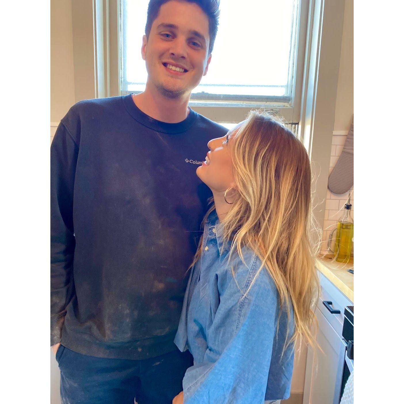 Our first pizza party in Chicago! Tony has the flour on his shirt to prove it.