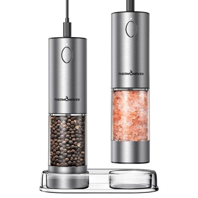 ThermoMaven Electric Salt and Pepper Grinder Set, 2.5 Oz Larger Rechargeable Automatic Salt and Pepper Mill Grinder with 6 Adjustable Coarseness, Electric Salt and Pepper Shakers, LED, 2 Packs, Silver