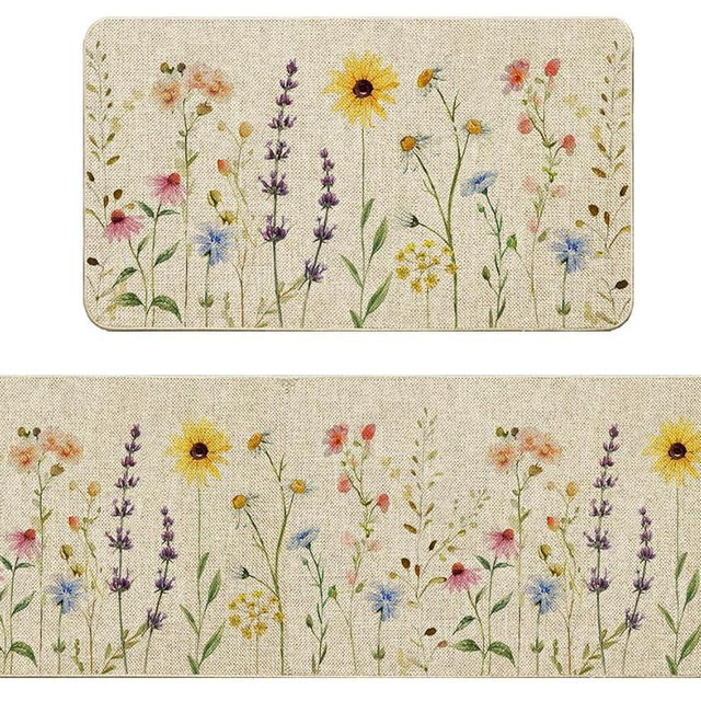Baccessor Spring Wild Floral Kitchen Mats Set of 2, Vintage Flowers Sunflower Kitchen Rugs Low-Profile Non-Slip Absorbent Floor Mat 17x29 and 17x47 Inch Home Farmhouse Seasonal Decoration