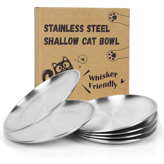 Petdream 6-Pack Stainless Steel Cat Food Bowls – Shallow Whisker-Friendly Non-Slip Silicone Base,Easy to Clean Indoor Feeding Dishes(6.7")