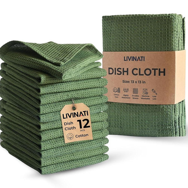 LIVINATI Kitchen Dish Cloths for Washing Dishes - Waffle Weave Cotton Dish Rag Towel - 13"x13" Set of 12 Sage Green Kitchen Washcloth Dishcloth Dishrag Dishtowel Wash Cloth