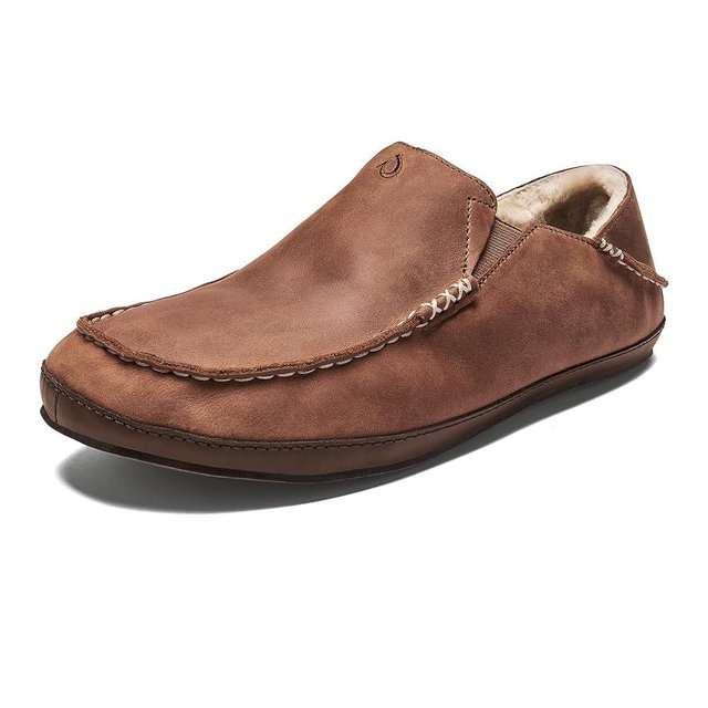 OLUKAI Moloa Slipper Men's Premium Leather Slip On Shoes, Soft Genuine Shearling Lining & Gel Insert, Drop-In Heel & All-Day Comfort