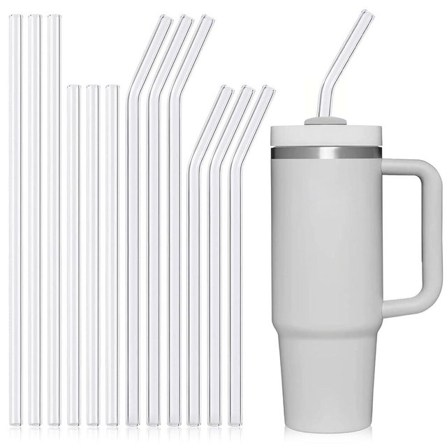 [12 Pcs] Reusable Glass Straws Shatter Resistant - Replacement Glass Straws for Stanley 40 oz 30 oz 20 oz Tumbler 12" x 10mm and 9" x 10mm Each Including 3 Straight and 3 Bent with 2 Cleaning Brush