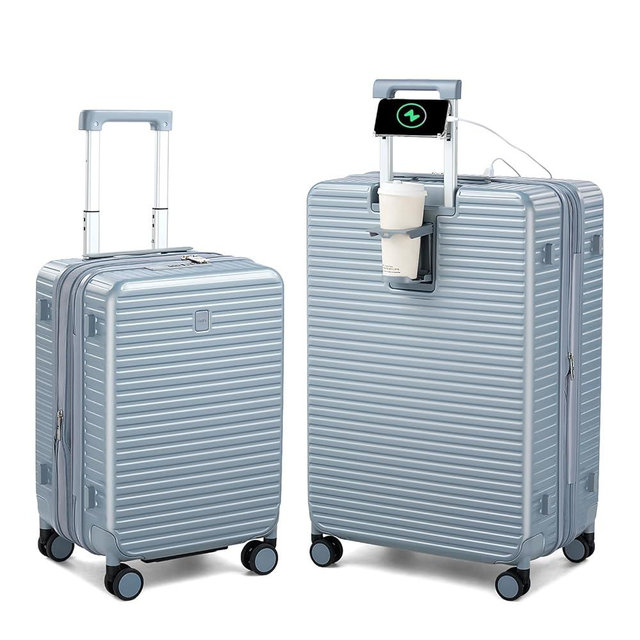 HanTrip Hard Shell Suitcases Expandable Travel Luggage Sets 2 Piece, Carry on and Check in Luggage Lightweight Suitcase Set 2 Piece with Wheels Cup Holder Charger Built in (Silver, 20/28)