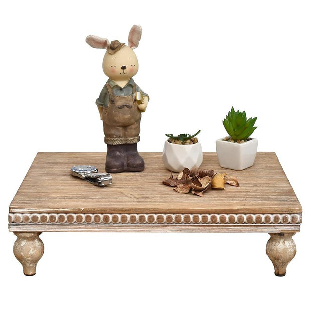 SwallowLiving Farmhouse Wood Riser for Display Decorative, Rustic Shabby Chic Tray for Kitchen Counter, Coffee Bar Table, Dining Room, Wooden Rectangle Beaded Pedestal Stand for Food