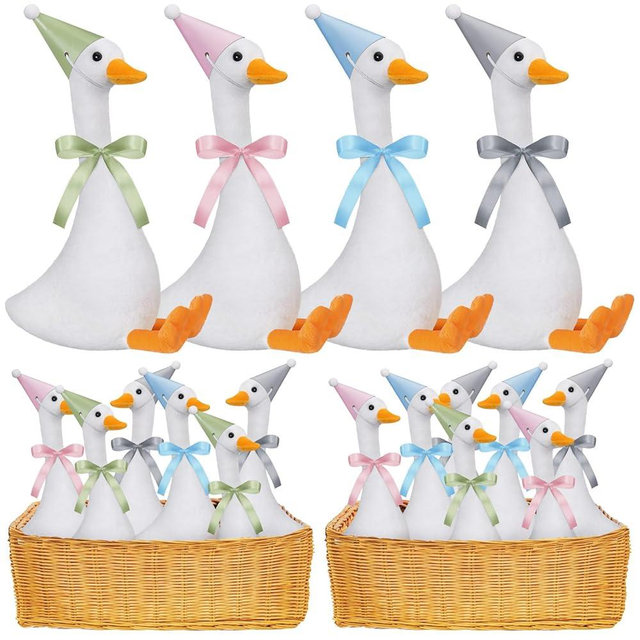Blueweenly 12 Sets One Silly Goose Birthday Decor 1st Baby Shower Party Favor Gift 7. 1 Inch White Geese Plush Stuffed Animal with Mini Party Hats and Ribbons(Cute,Colorful)