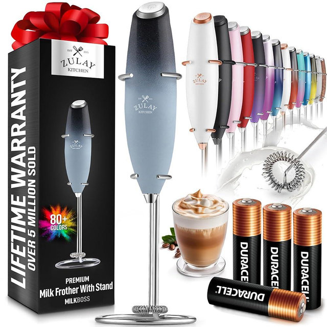 Zulay Powerful Milk Frother (4 Duracell Batteries Included) - Handheld Milk Frother Wand Drink Mixer for Coffee - Powerful Milk Foamer for Cappuccino, Frappe, Matcha & Coffee Creamer - Storm