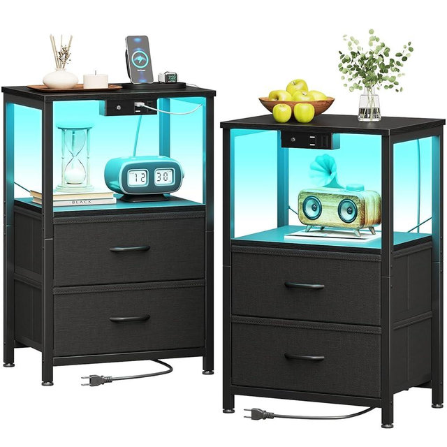 Casaottima Nightstand Set of 2 with Charger Station — USB Ports & Outlet, Bed SideTable with LED Lights, End Table with Fabric Drawers and Open Shelf, Bedside Table Night Stand for Bedroom, Black