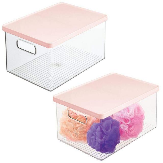 mDesign Plastic Bathroom Under Cabinet Stackable Storage Organizer Bin Box with Lid - Holds Soap, Body Wash, Shampoo, Lotion, Conditioner, Towels, Accessories, Body Spray, 2 Pack - Clear/Pink