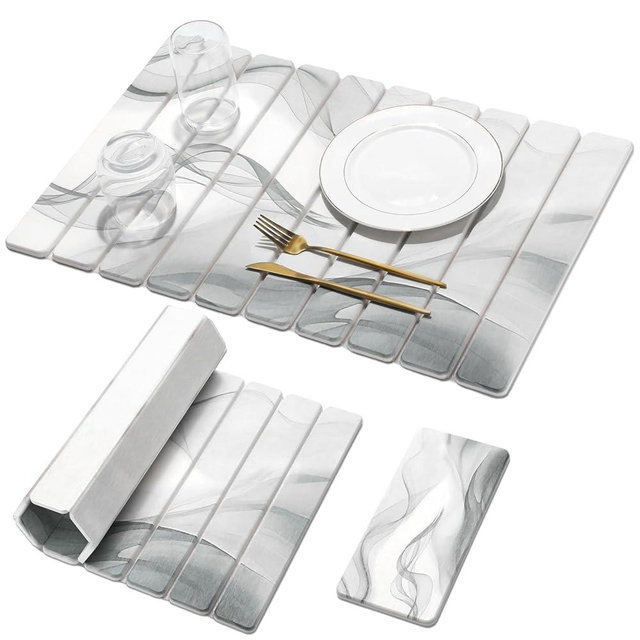 Large Stone Dish Drying Mat for Kitchen Counter, 2 PCS Quick Dry Stone Mats, Foldable Water Absorbing Diatomaceous Earth Drying Dishes Pad for Countertop Bottle Utensil Cup(Black White 24"×16"&8"x4")