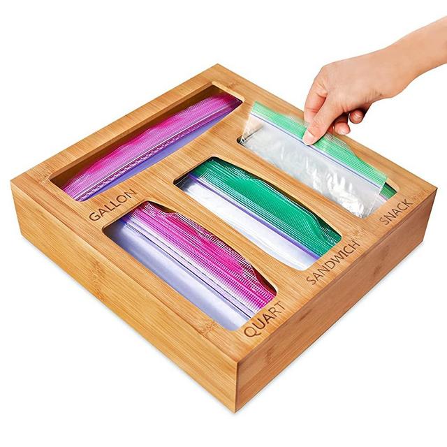 Vioview Ziplock Bag Storage Organizer, Bamboo Baggie Organizer for Kitchen Drawer, Zip Lock Bag Container Organizer Compatible with Gallon, Quart, Sandwich, Snack Variety Size Bags, 1 Box 4 Slots