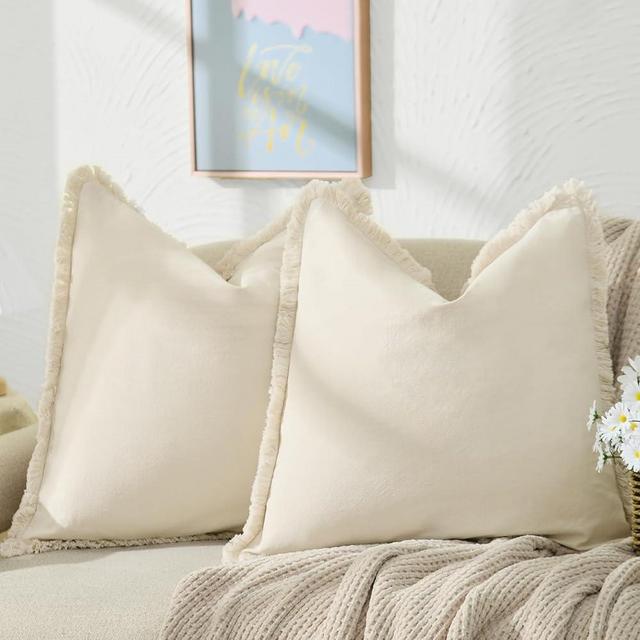 ZWJD Pillow Covers 16x16 Set of 2 Beige Throw Pillow Covers with Fringe Chic Cotton Decorative Pillows Square Cushion Covers for Sofa Couch Bed Living Room Farmhouse Boho Decor