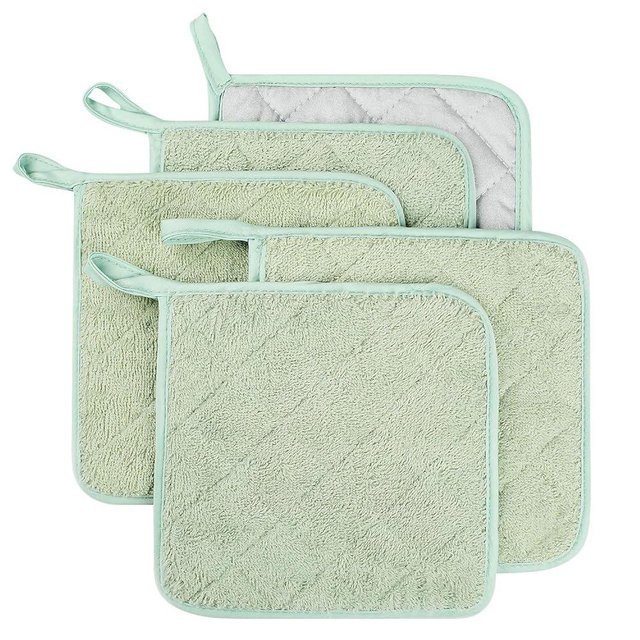 100% Cotton Kitchen Everyday Basic Terry Pot Holder Heat Resistant Coaster Potholder for Cooking and Baking Set of 5 Mint Green