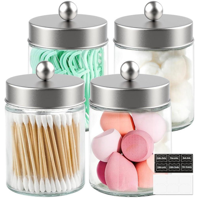 Goramio 4 Pack Glass Apothecary Jars with Lids for Bathroom, Cute Qtip Holder, Silver Bathroom Accessories Set, Small Bathroom Canisters with Lids for Q-tips, Cotton Swabs, Silver Bathroom Decor