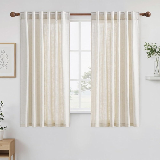 NICETOWN Linen Window Curtains 63 Inch Long 2 Panels Set for Farmhouse, 55" Wide Thick Flax Linen Blend Privacy Drapes Rod Pocket & Back Tab with Light Filtering for Bedroom/Kitchen