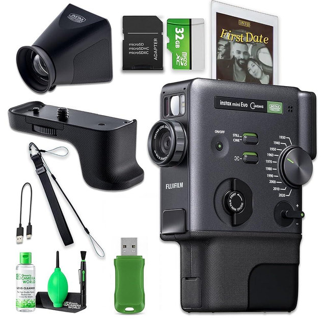 FUJIFILM instax mini Evo Cinema Hybrid Instant Camera Viewfinder, Grip, Hand Strap Bundle with Album, Tripod, 32GB Card, USB Reader and Cleaning Kit