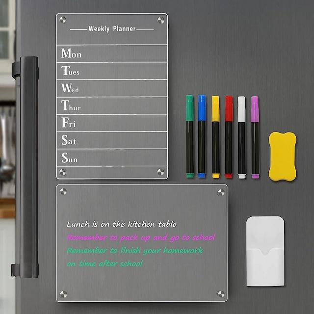 2 PCS Clear Acrylic Dry Erase Board for Fridge, 12”×8” Magnetic Weekly Meal Planner, Kitchen Menu Planner Board for Refrigerator Includes 6 Colors Markers, Pen Container and Eraser
