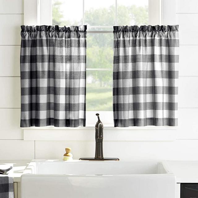Elrene Home Fashions Farmhouse Living Buffalo Check Window Kitchen Tier Set, 30" x 24"(Set of 2, Black/White, 2 Pieces