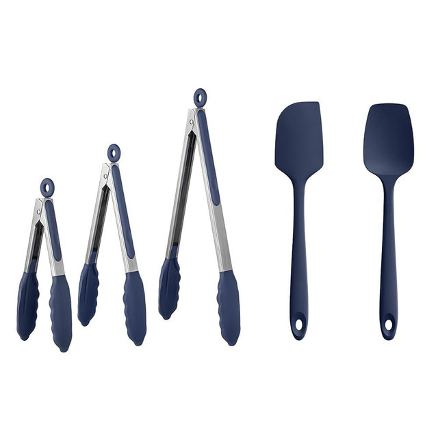 U-Taste 600℉ Heat Resistant Food Grade Non Stick Firm Cooking Tongs Set of 3, and 600ºF Heat Resistant 11.38in Flexible Non-Stick Spatula & Spoon Spatula Set of 2 (Midnight Blue)