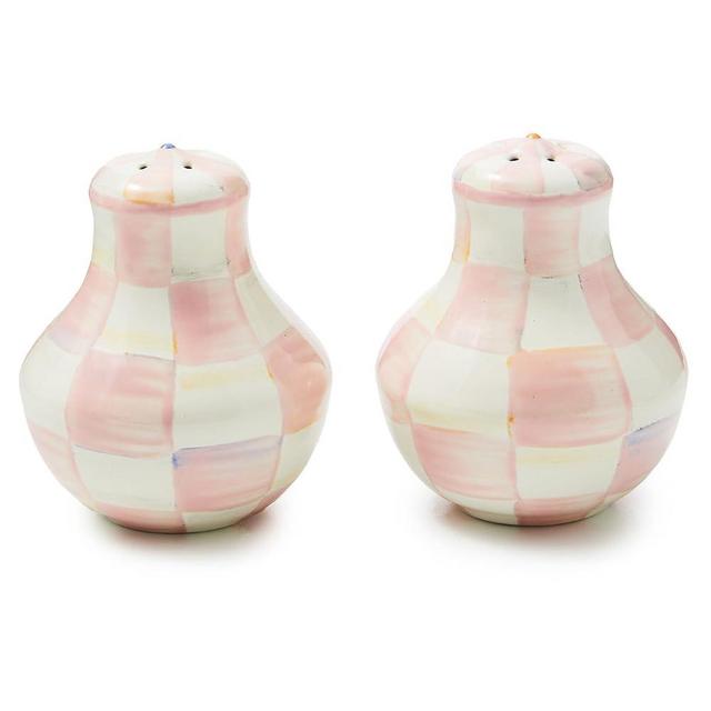 MACKENZIE-CHILDS Enamel Salt and Pepper Shakers, Kitchen Table Accessories, Pink-and-White Rosy Check