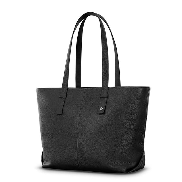 Samsonite Mobile Solutions 2 Leather Tote, Stylish Women’s Laptop and Work Bag with StackIt Strap, Padded Laptop Sleeve, Interior Organizer & Protective Feet, Soft Pebbled Leather - Black
